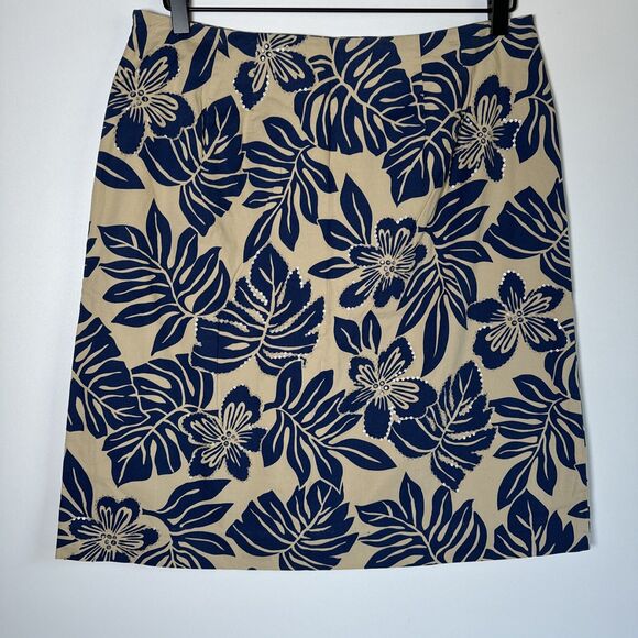 Talbots Skirt Womens 12 Tan Navy Floral Sequins Tropical Aloha Stretch Cotton - Picture 2 of 12